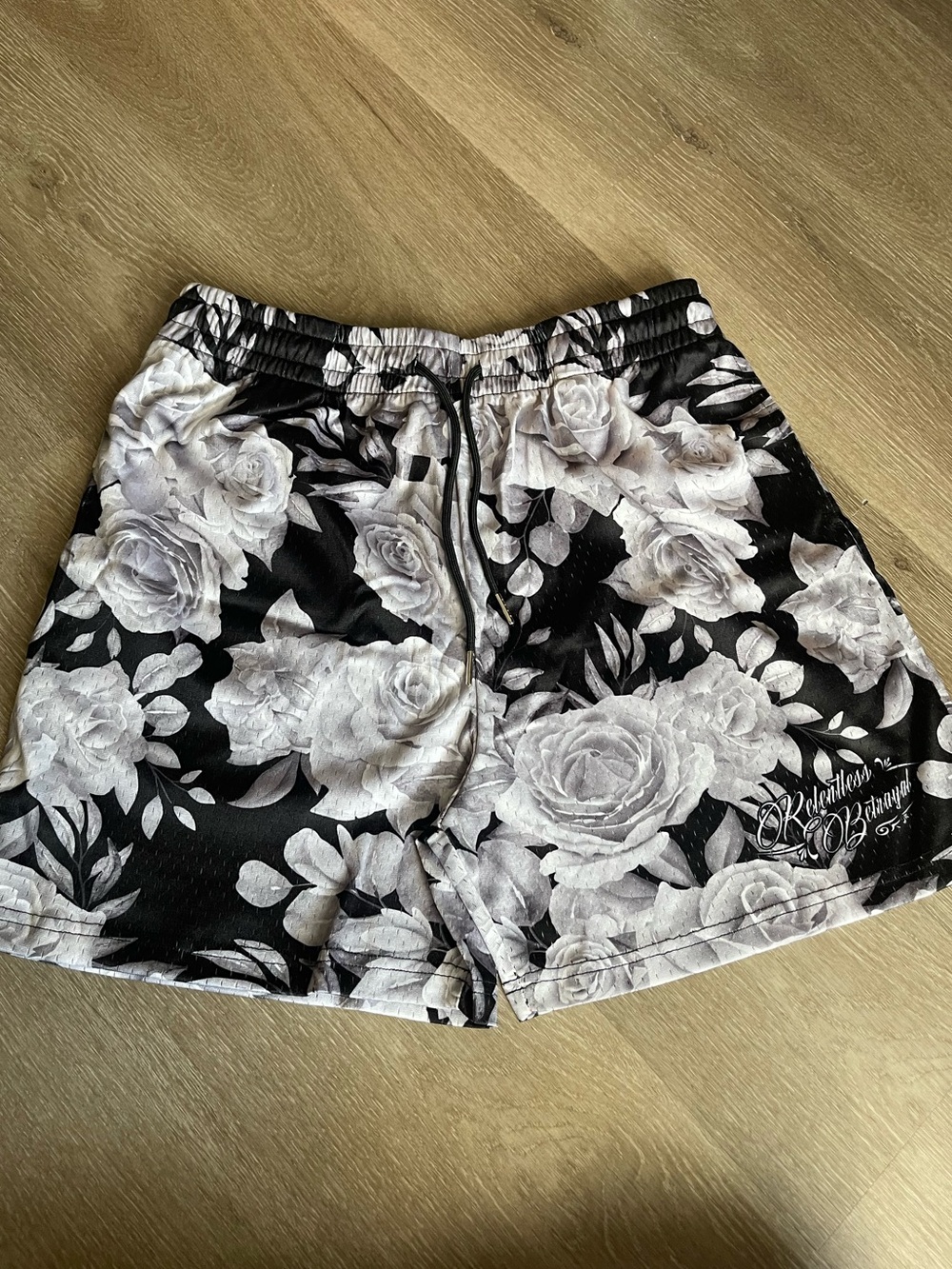 Men's Black Floral Athletic Shorts with Drawstring